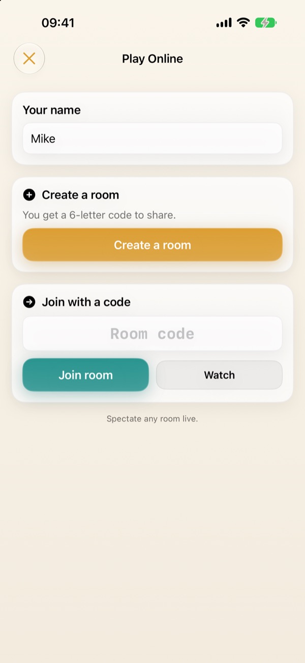 Play Online screen with Create a room and Join with a code